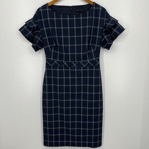 Banana Republic Windowpane Tiered Sleeve Dress Women's Size M Gray Plaid Flutter